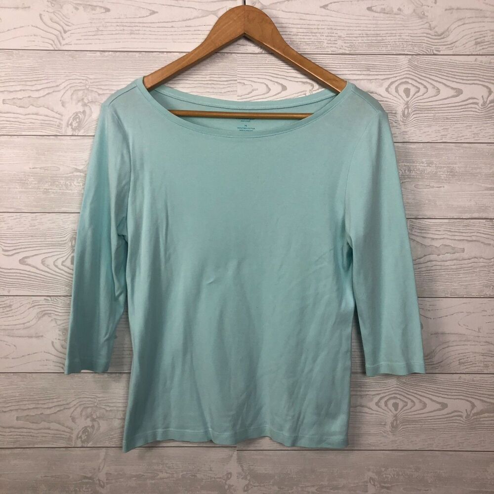 Talbots Women's Medium PETITE 3/4 Sleeve Tee Shirt Boat Neck 100% Cotton Blue